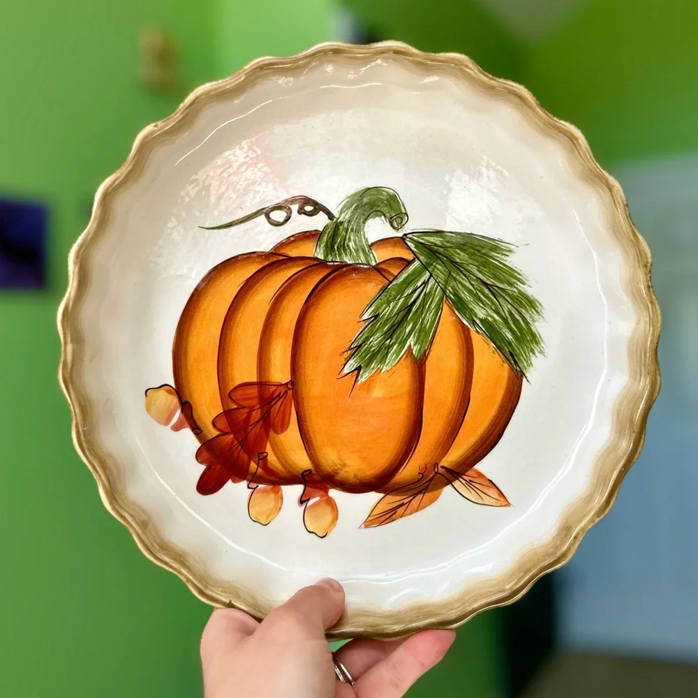 VTG Fall Charming Farmhouse Autumn Pumpkin Pie Kitchen Bakeware Pie Plate 10in